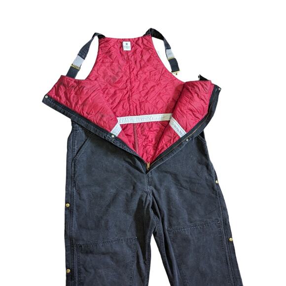 Vintage Carhartt Duck Zip Front Bib Overalls Black UNION Utility Quilted R04 BLK - Picture 3 of 10